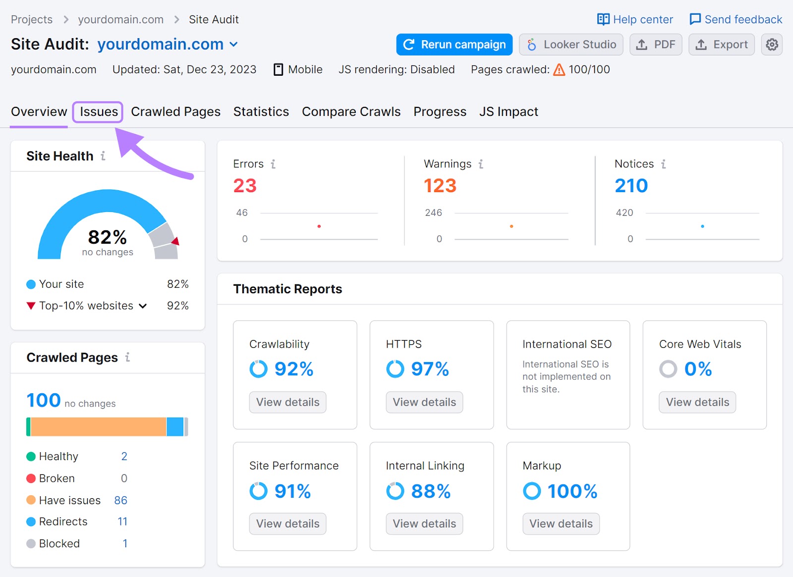 An overview of website’s technical health in Site Audit tool