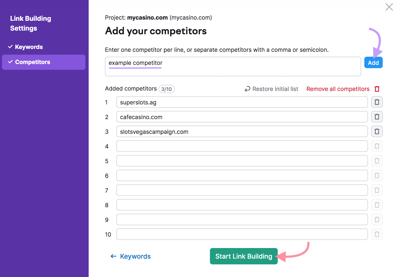 "Add your competitors" window in Link Building Settings