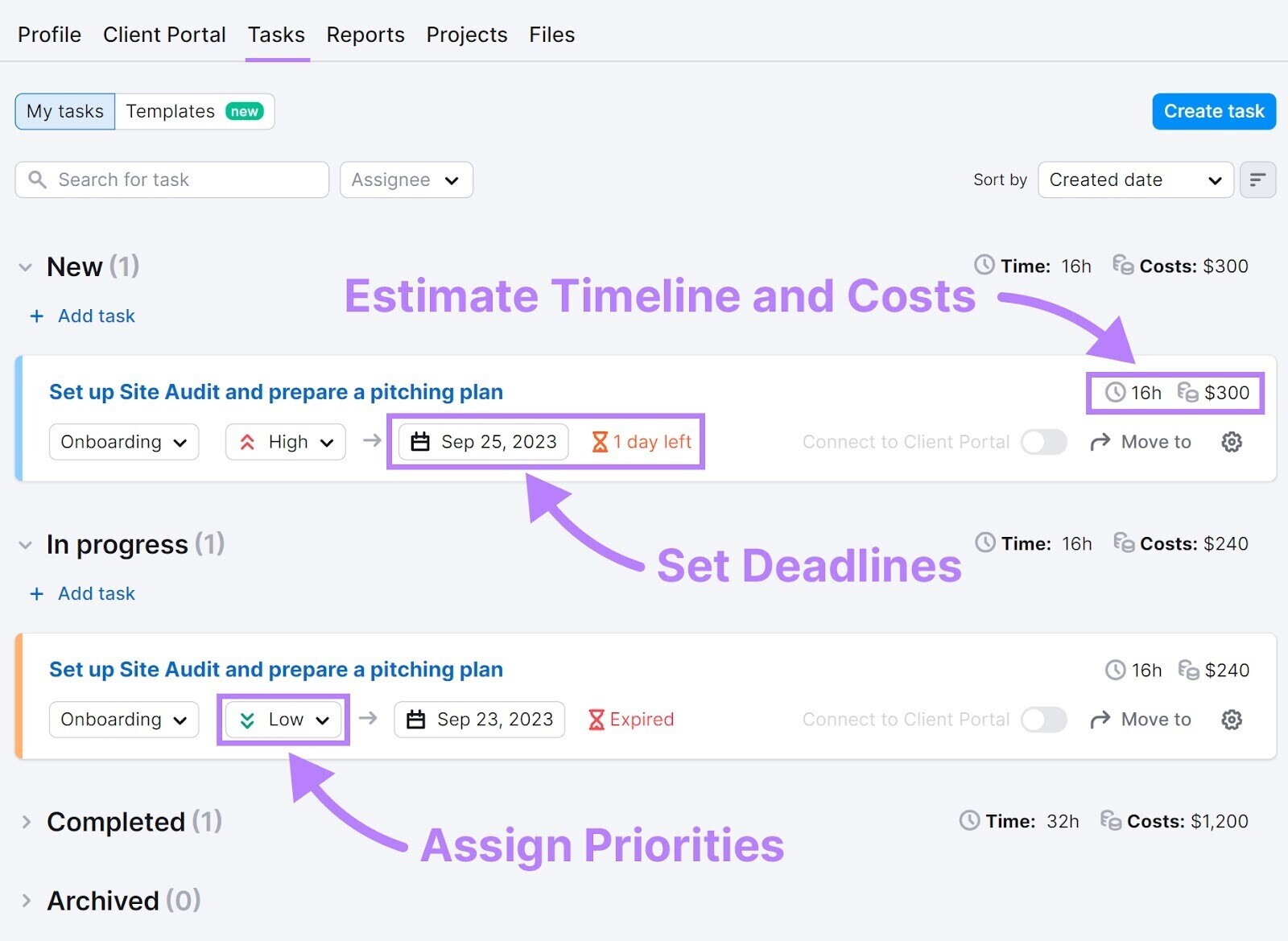 "Tasks" section in Semrush CRM