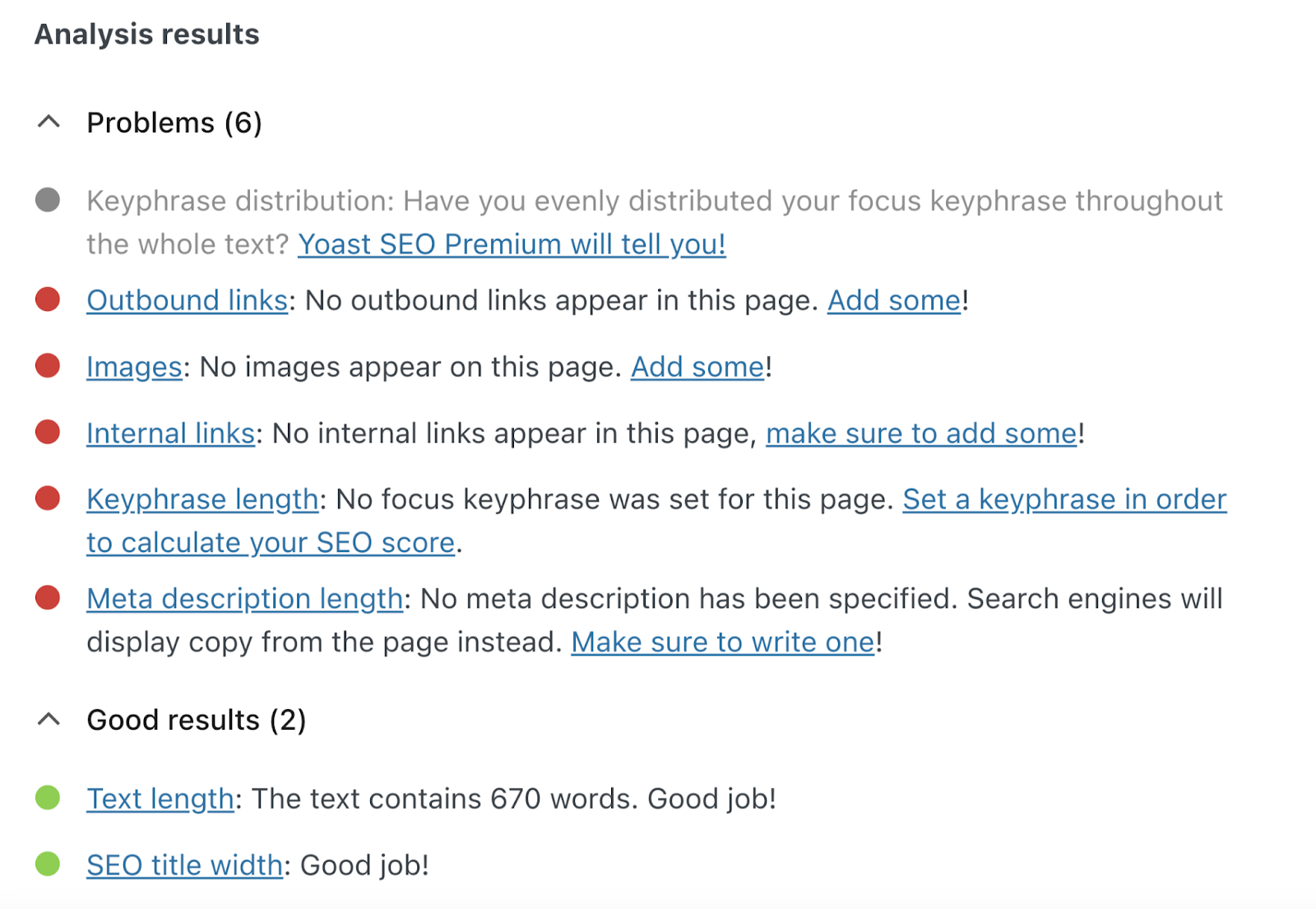 yoast seo analysis results shows problems and good results