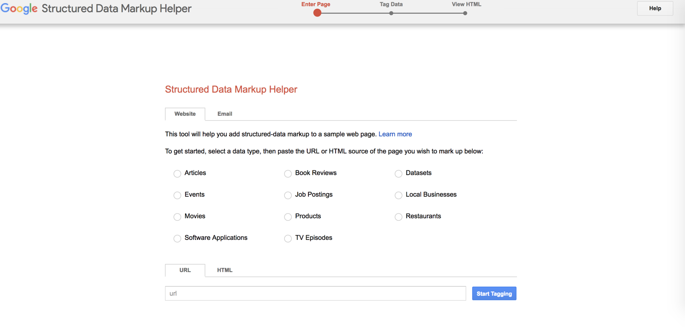 A screenshot of the first page a user will see when starting the Google Structured Data Markup Helper tool