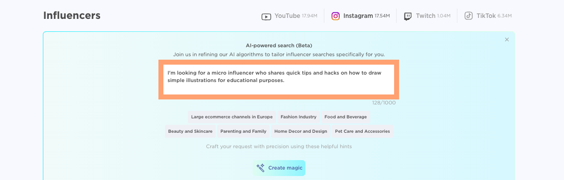 The AI search tool inside the Influencer Analytics app.