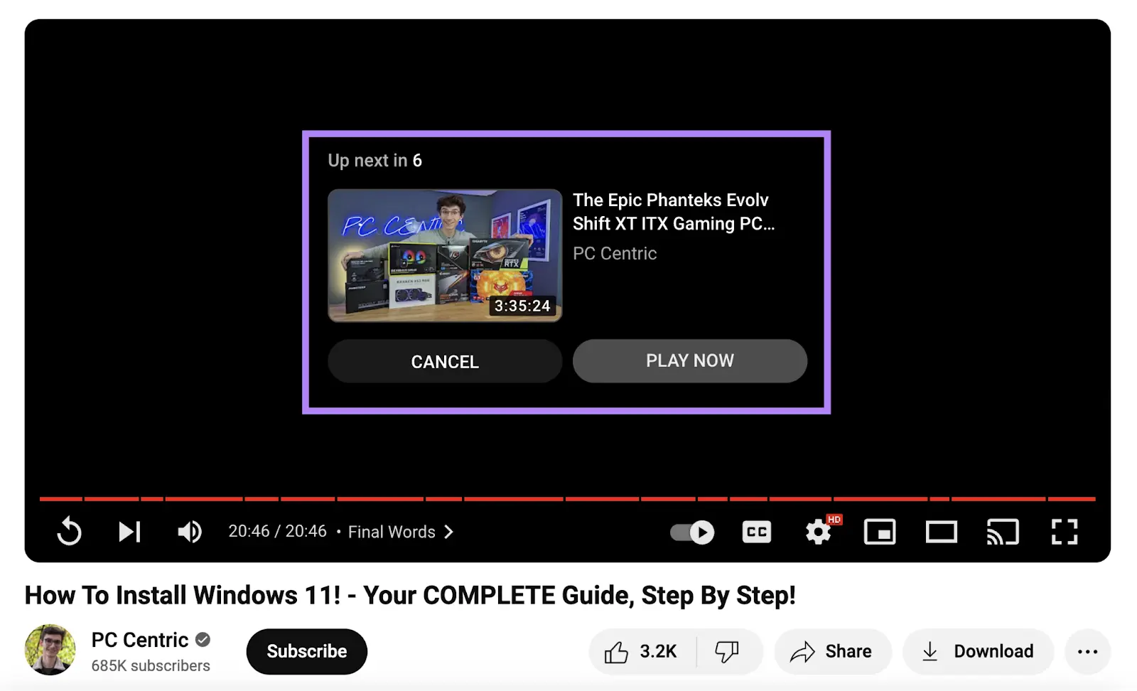 Up next recommendations highlighted in popup inside YouTube player window