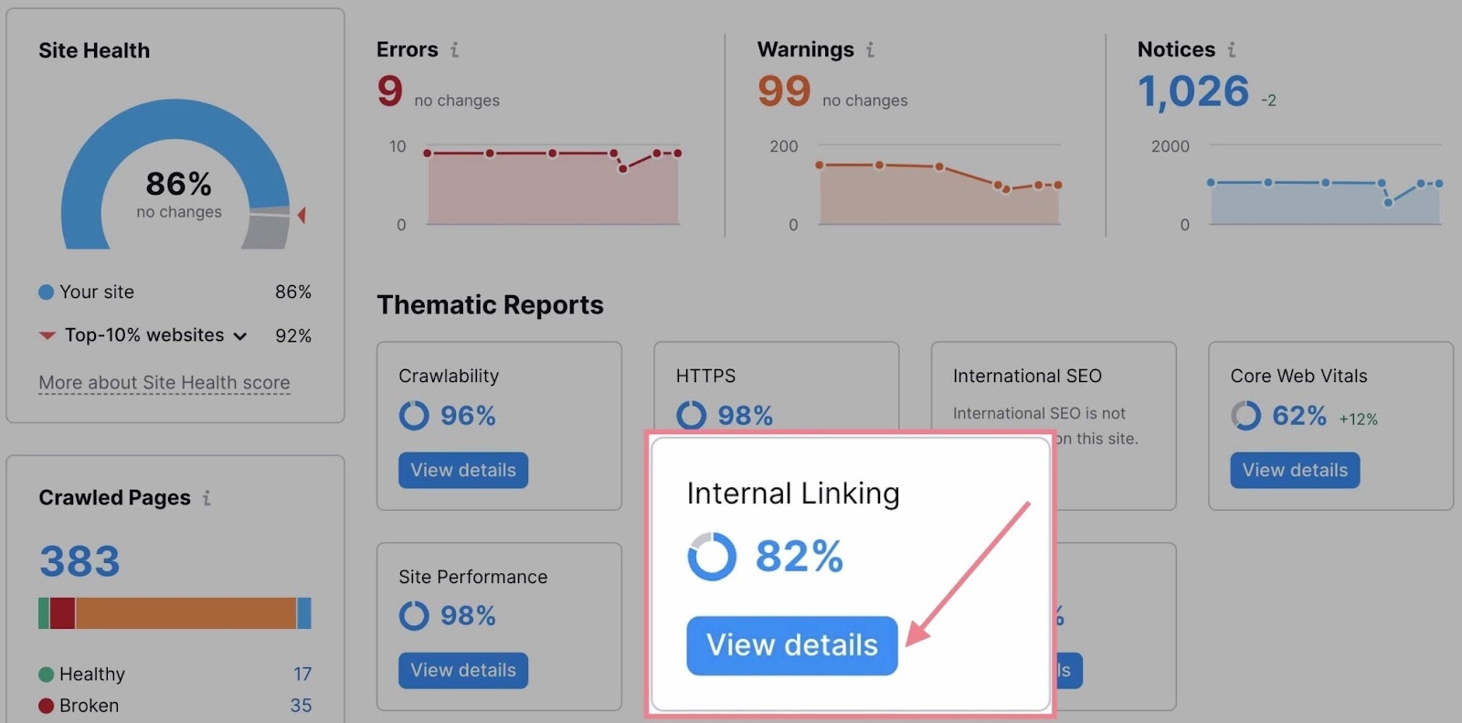 site audit internal linking report