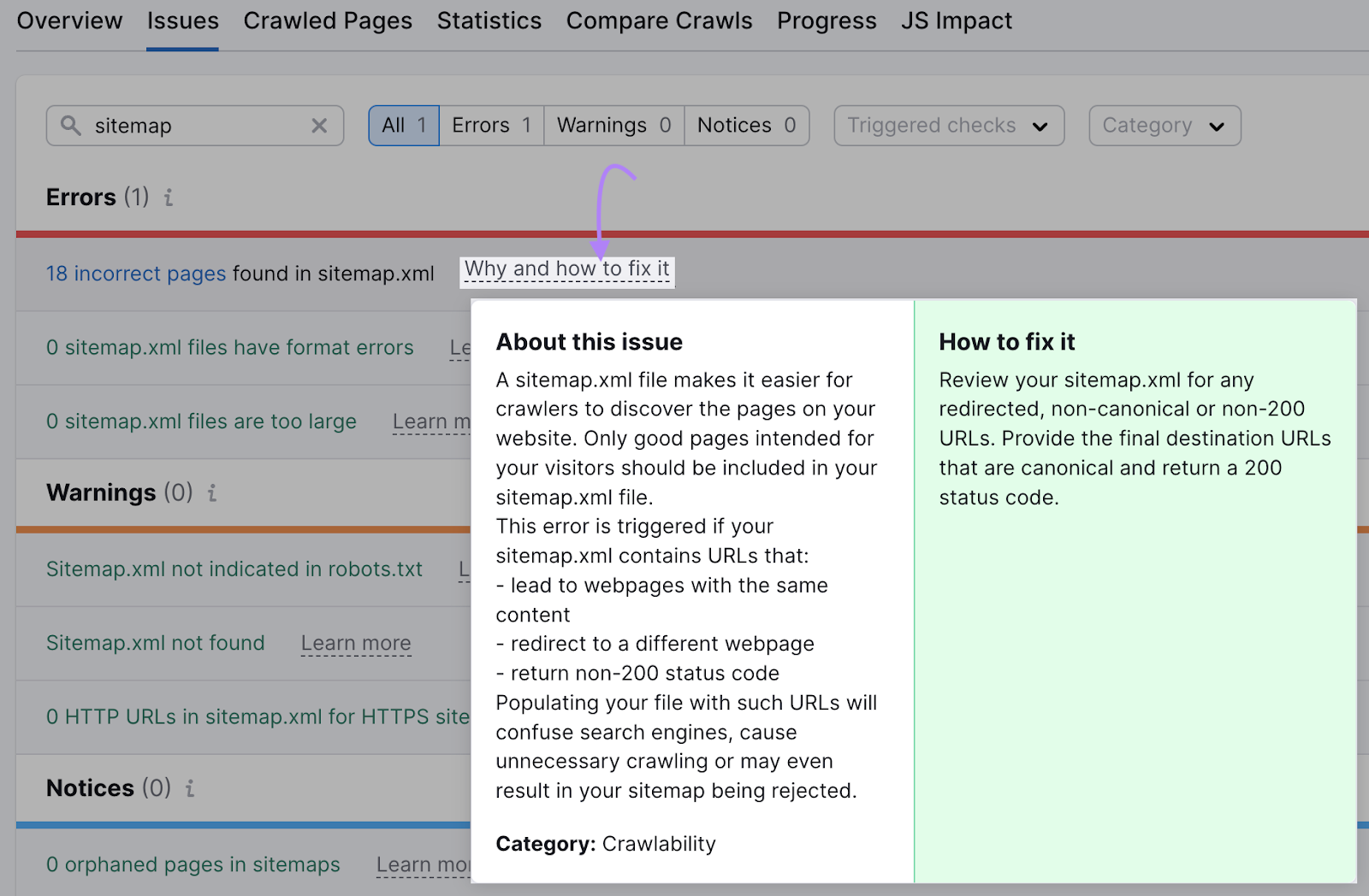 an example of “Why and how to fix it” section about sitemap.xml issue in Site Audit tool