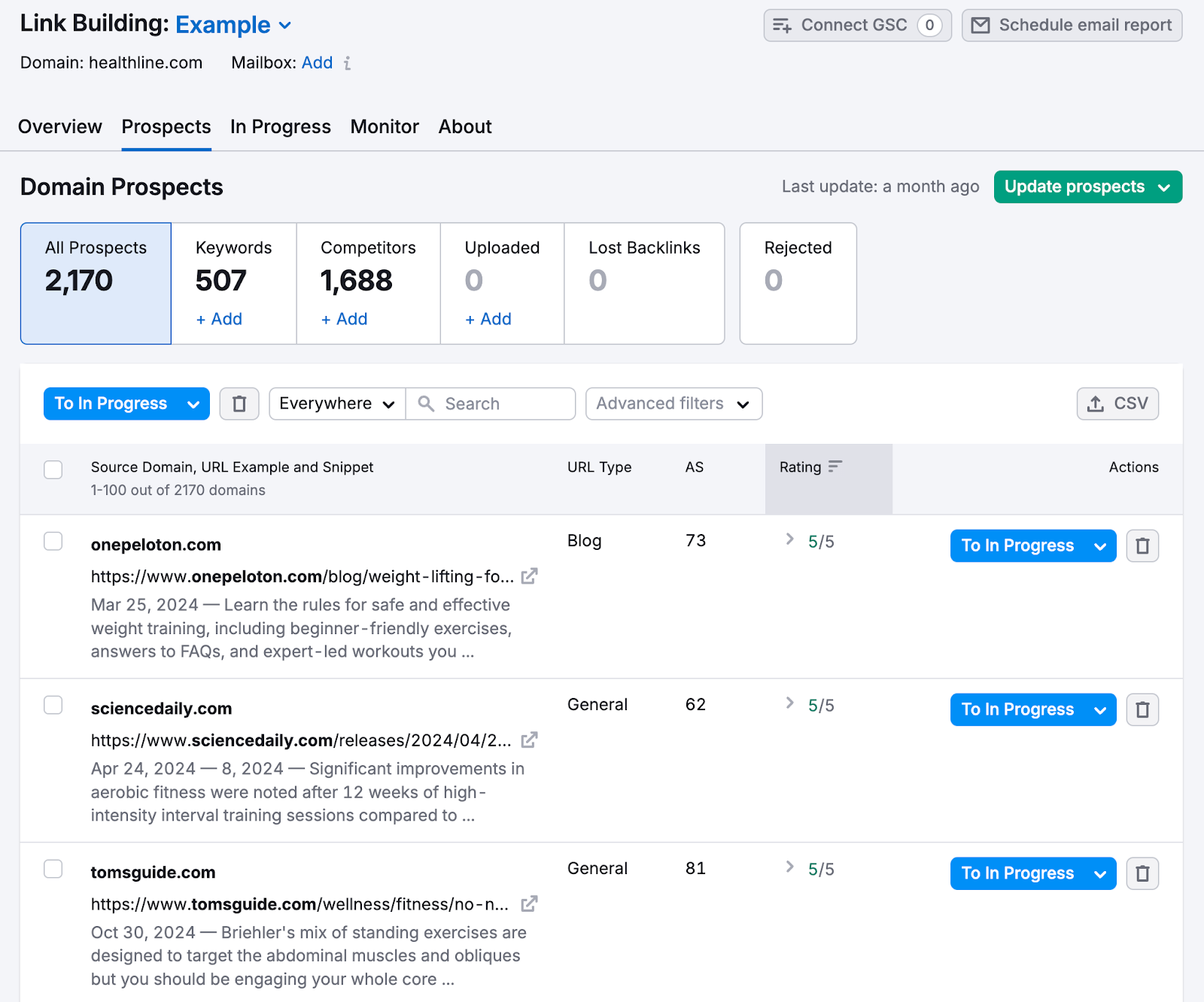 Link Building domain prospects report shows backlink opportunities based on competitors and keywords.