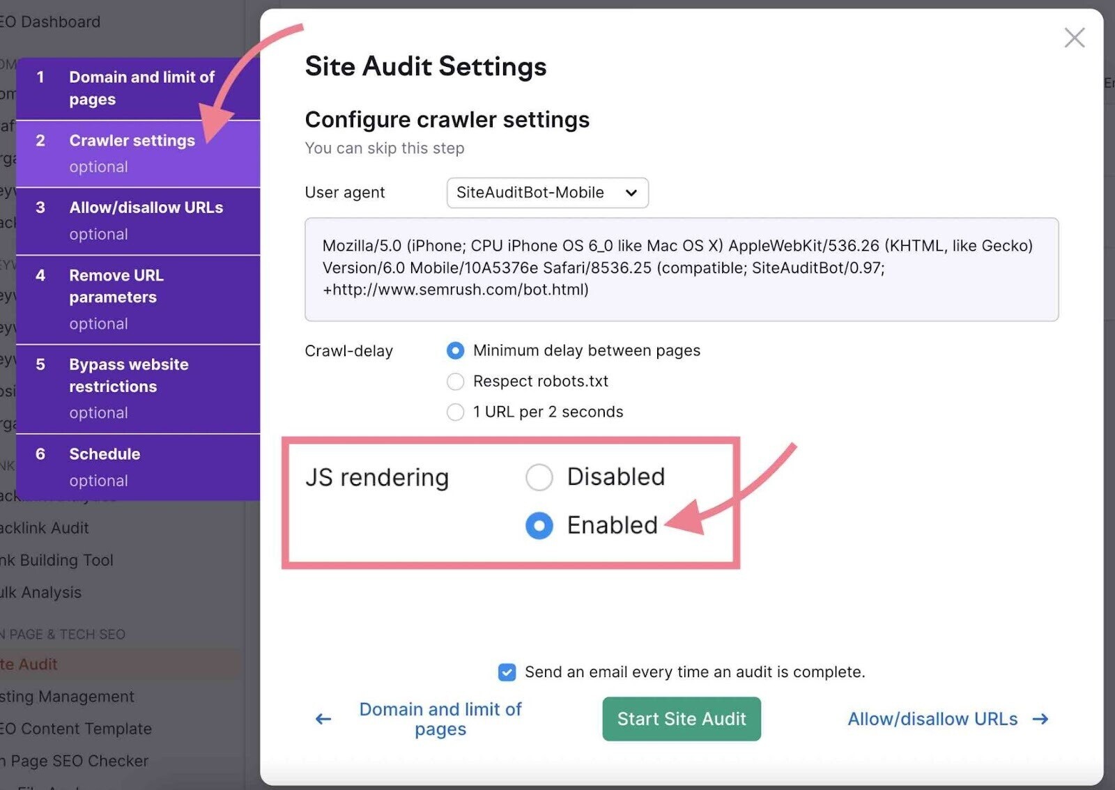 Enable JS-rendering in Site Audit