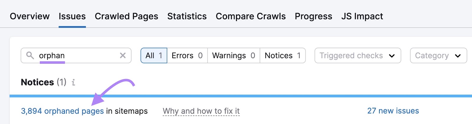 Site Audit Issues page with "orphan" entered in the search bar and "3,894 orphaned pages in sitemaps" highlighted