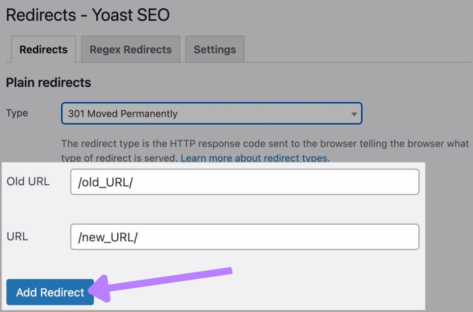 "Redirects" tab of the Yoast SEO Premium with the "Add redirect" button highlighted.