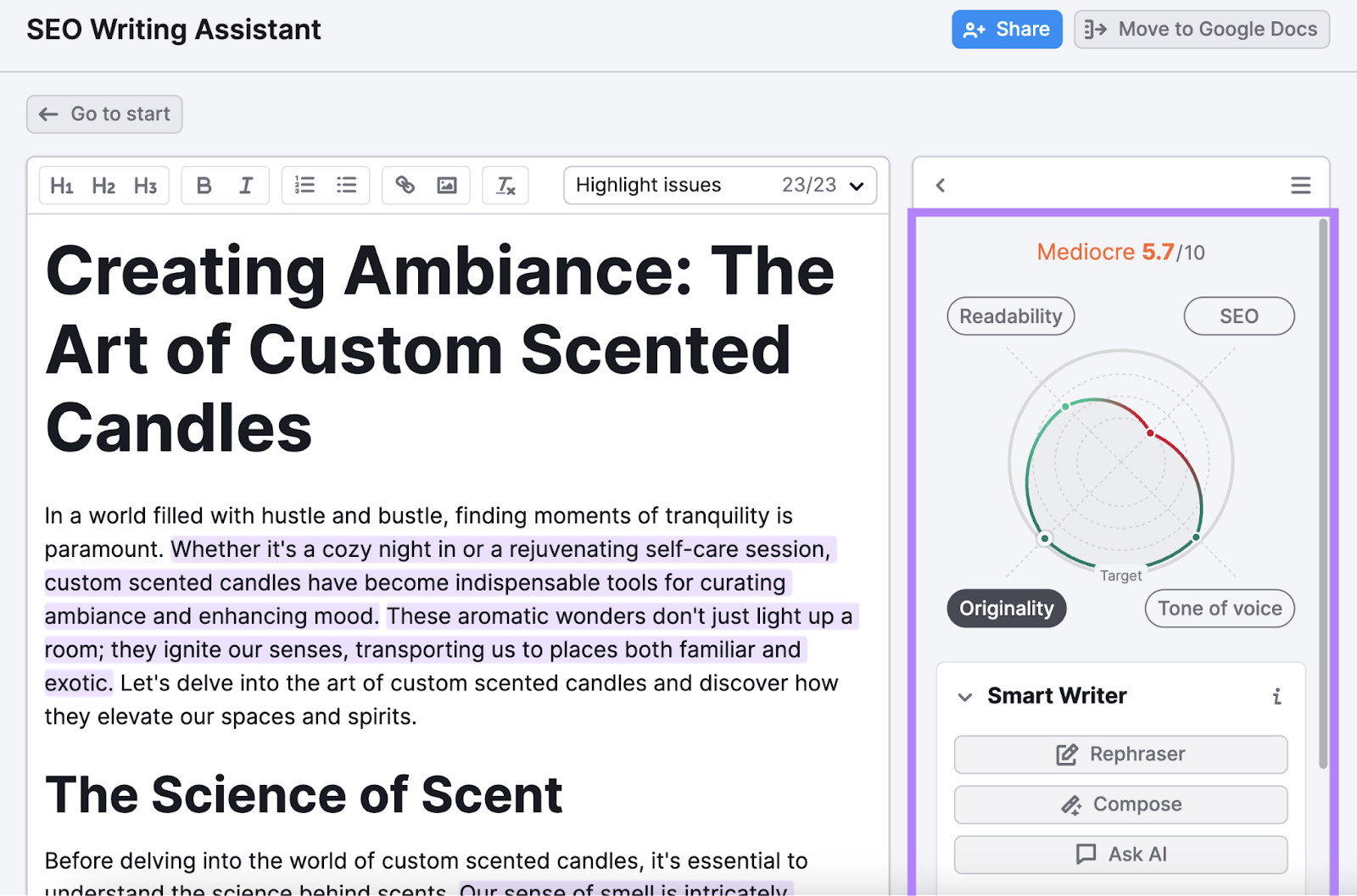 Readability, SEO, originality, tone of voice scores in SEO Writing Assistant
