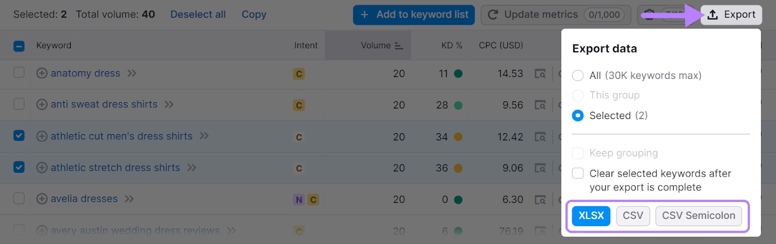 "XLSX," "CSV," and "CSV Semicolon" options highlighted under "Export data" drop-down menu