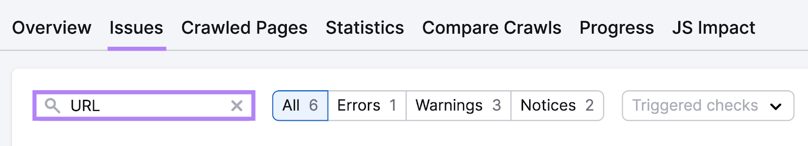 "URL" entered under the “Issues” tab in Site Audit tool