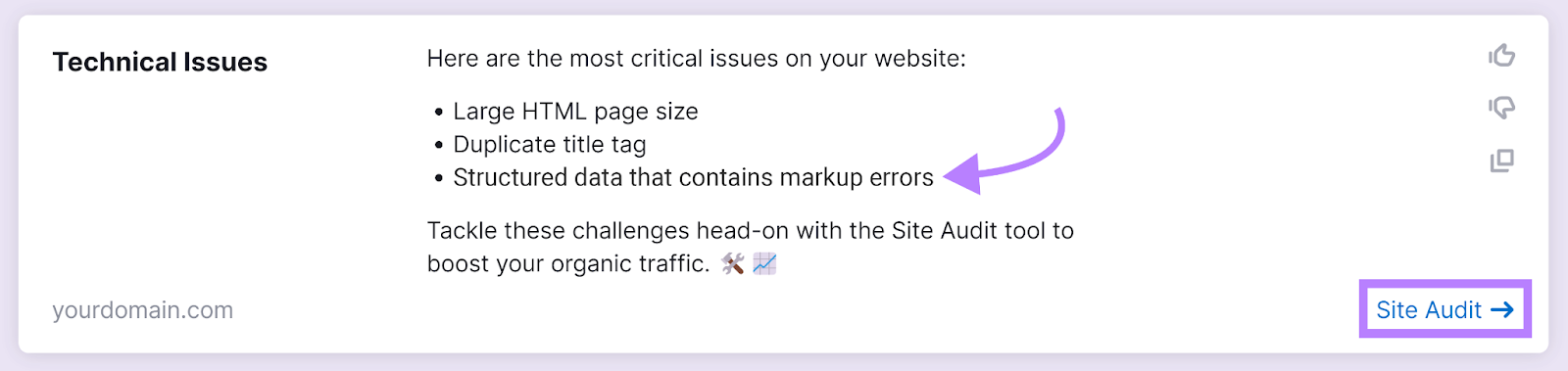 Semrush Copilot Technical Issues recommendation with arrow pointing to structured data error