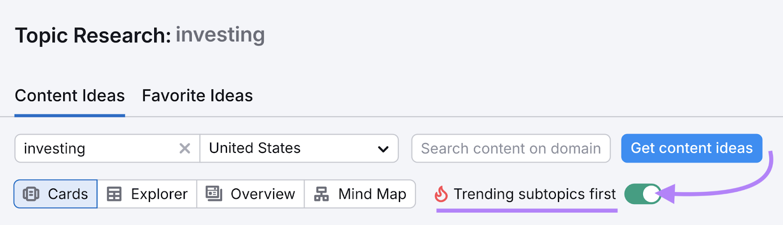 Trending subtopics first toggle button highlighted