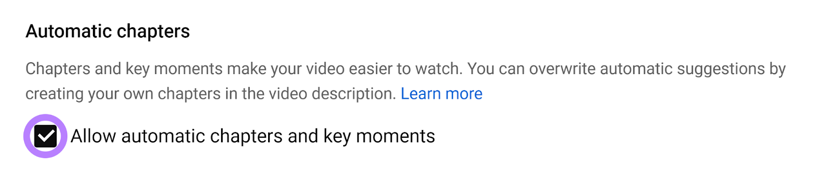 Allow automatic chapters and key moments option checked and highlighted