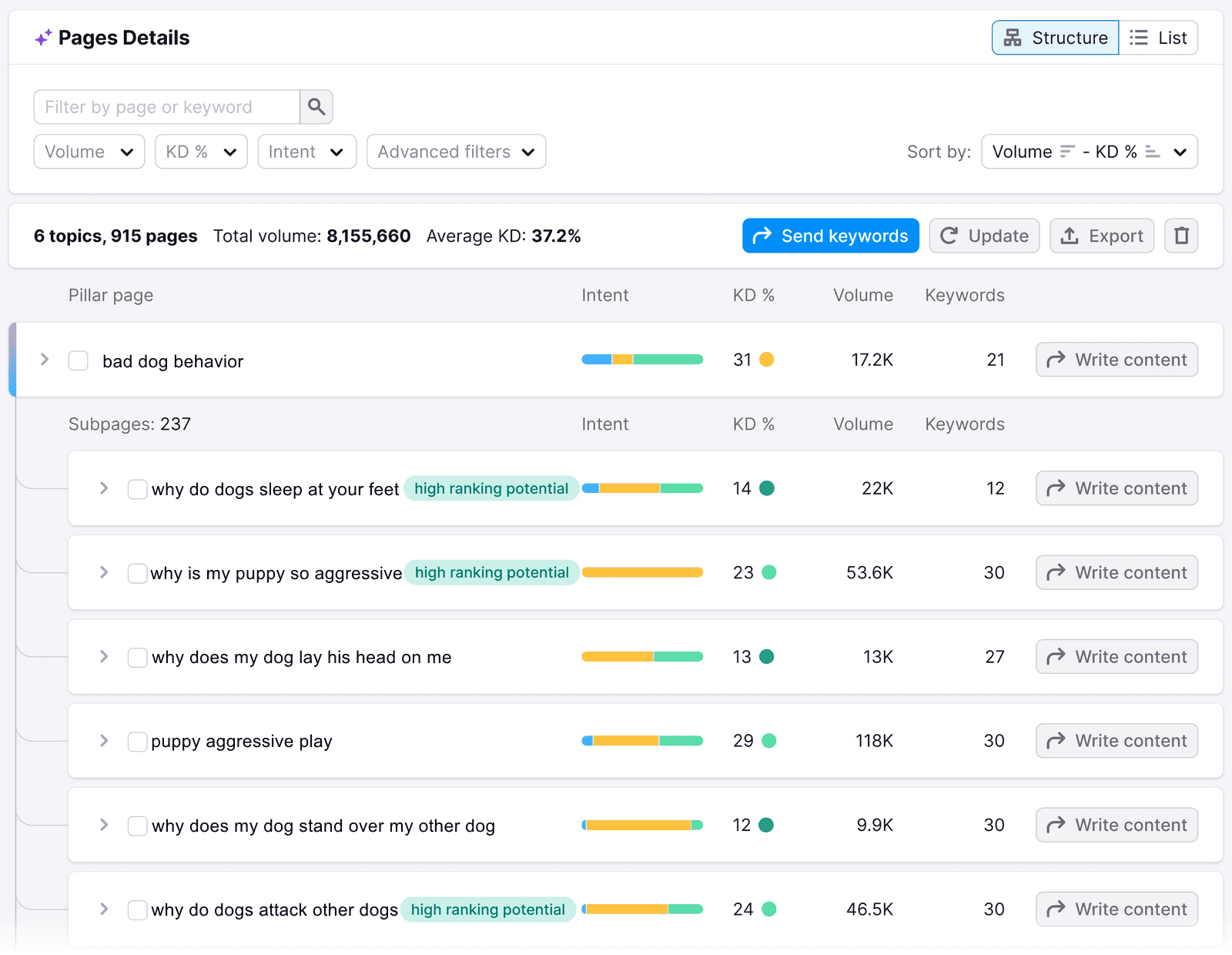 "Page Details" displaying a table showing one pillar page and its subpages, including their intent, keyword difficulty, etc.