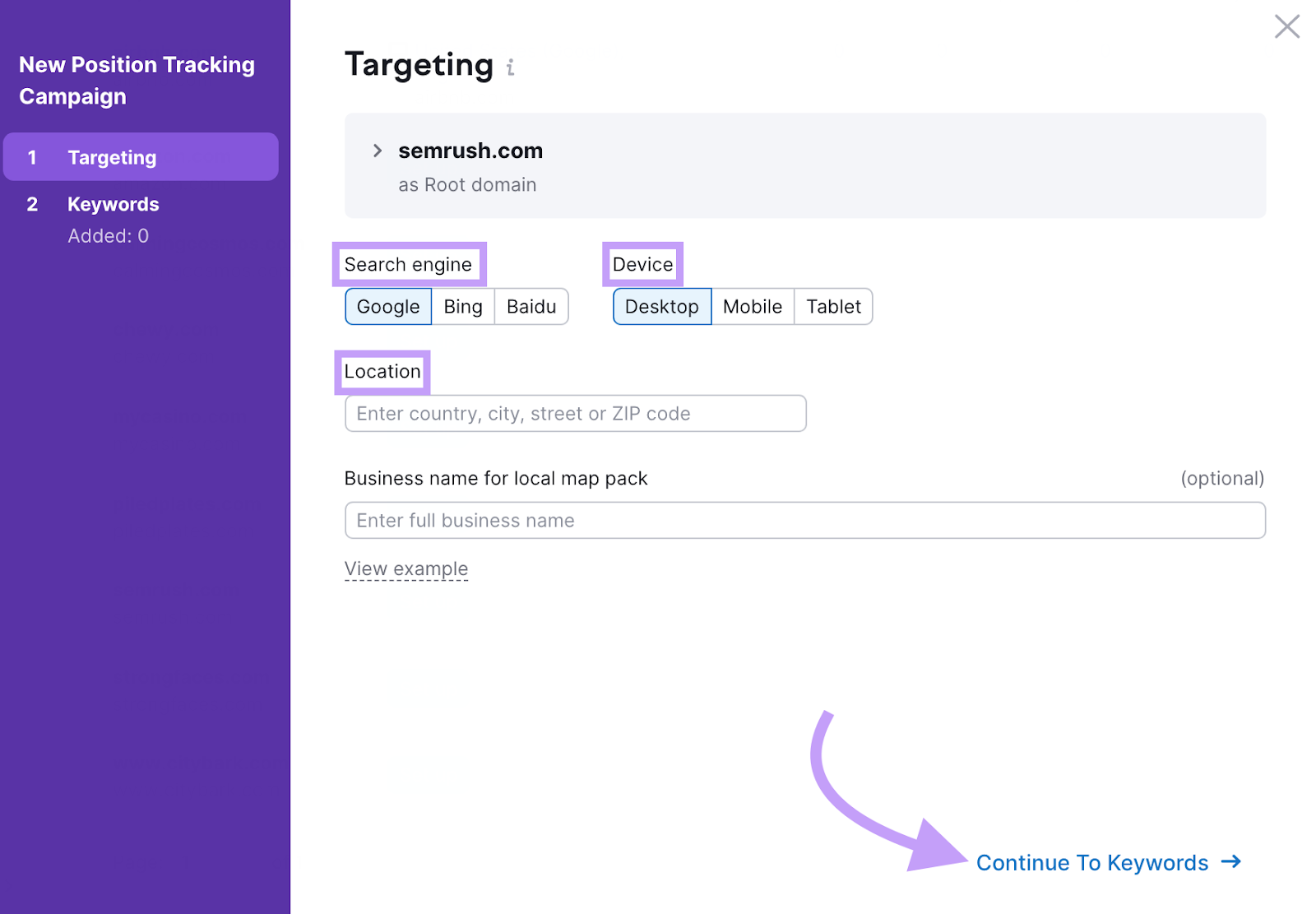 Search engine, device and location settings in Position Tracking tool