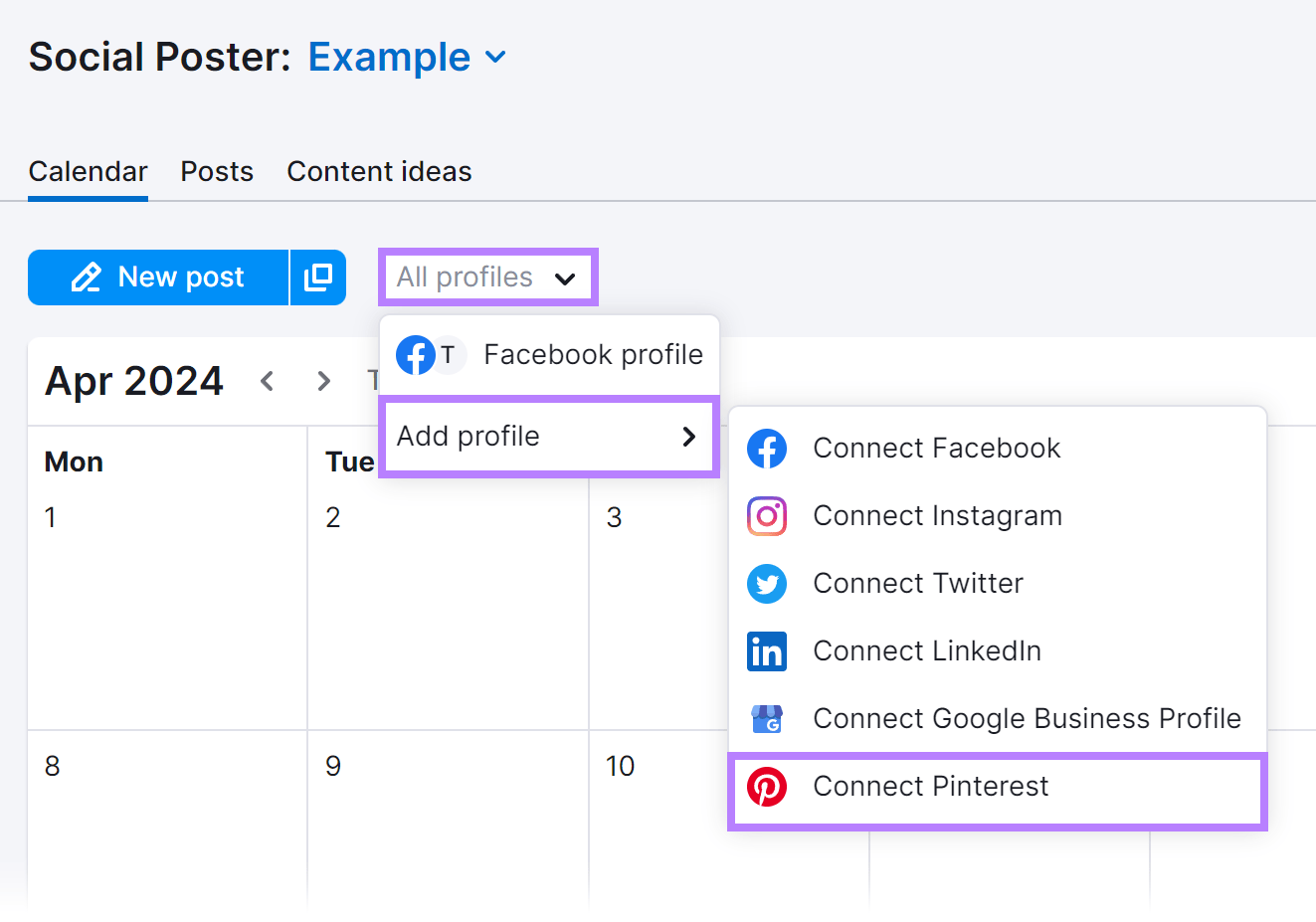 Semrush Social Poster showing the steps to connect a Pinterest profile.