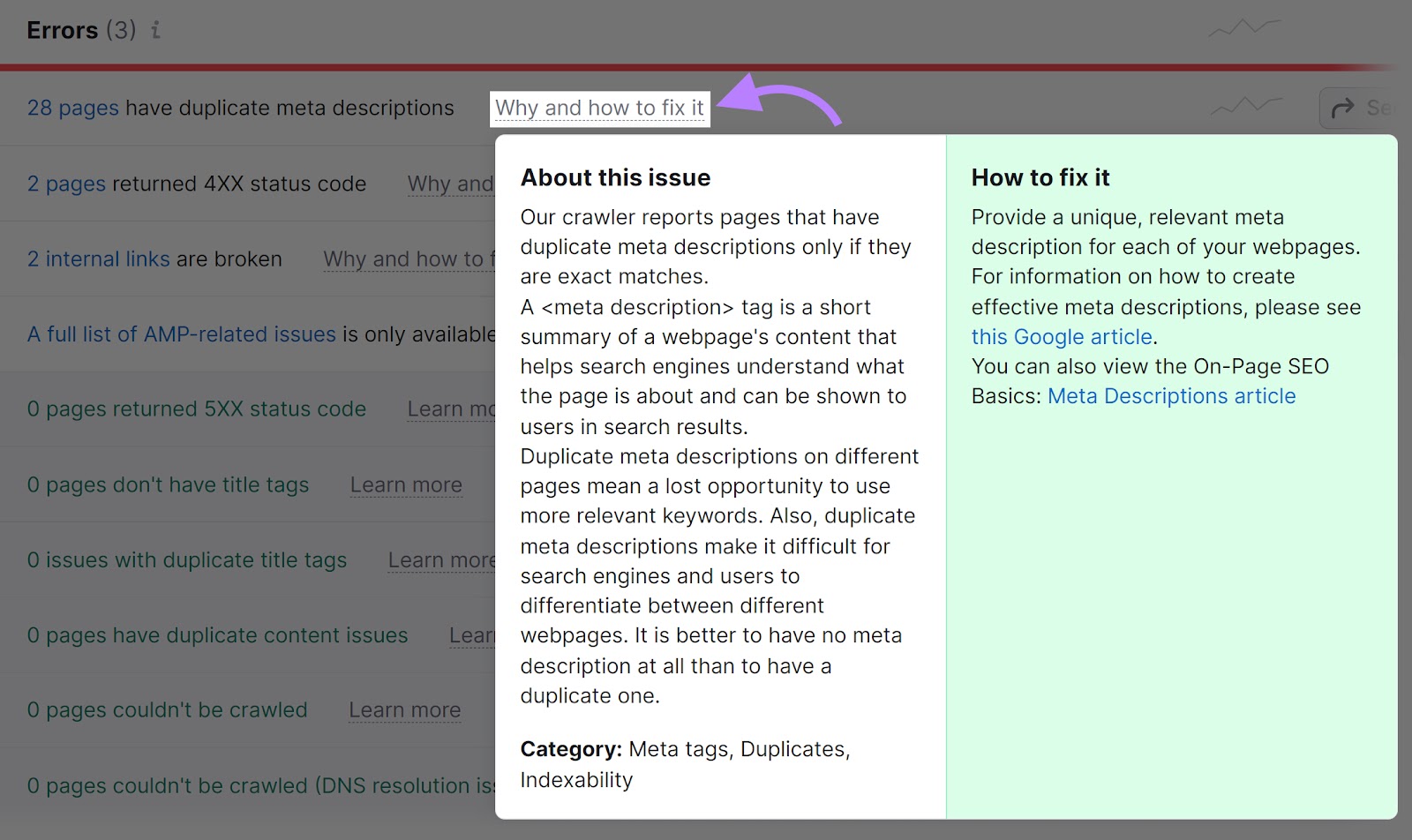 Site Audit tool "Issues" tab showing the "Why and how to fix it" window of the duplicate meta description error.