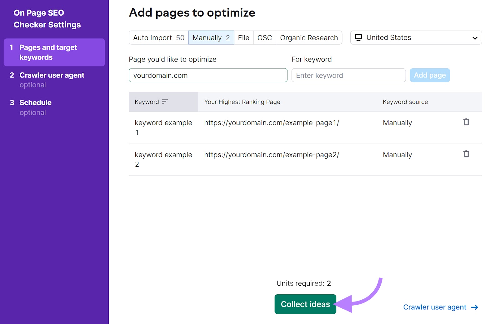 On Page SEO Checker Settings "Pages and target keywords" tab with an arrow pointing to the "Collect ideas" button.