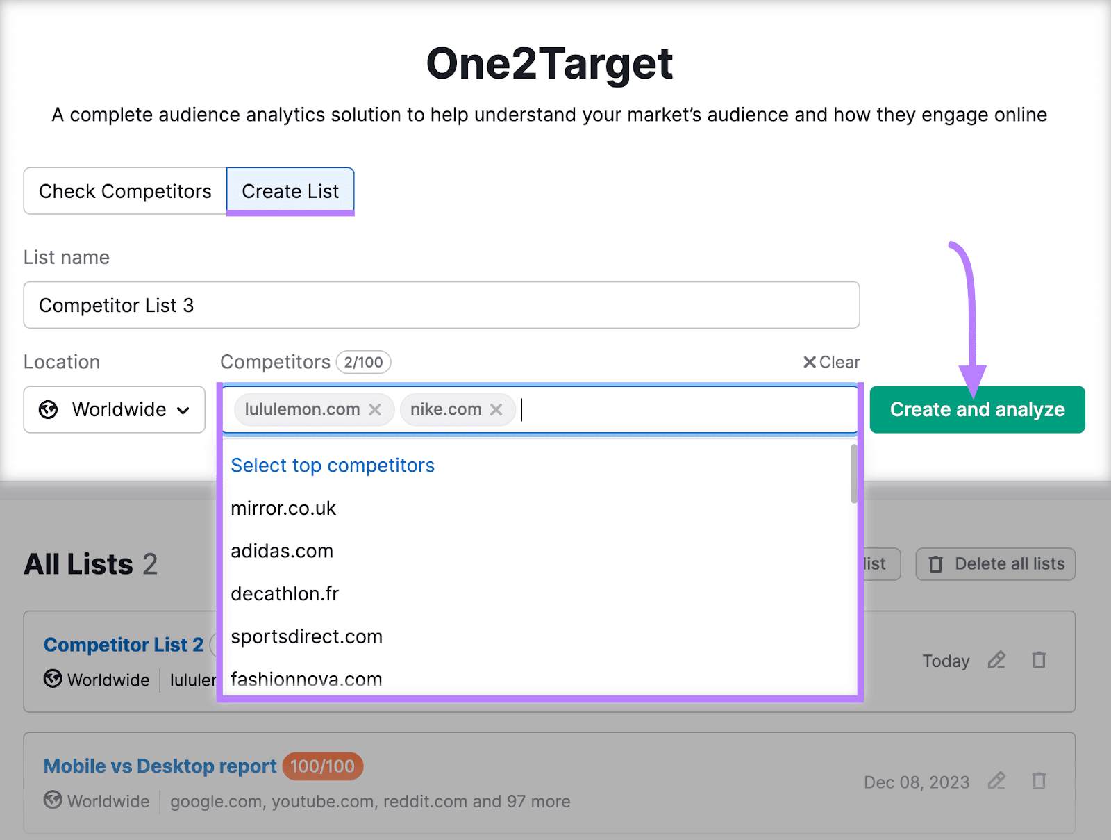 Semrush's One2Target tool