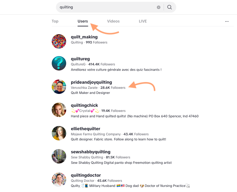 A screenshot of the tabs on TikTok with the Users tab selected.