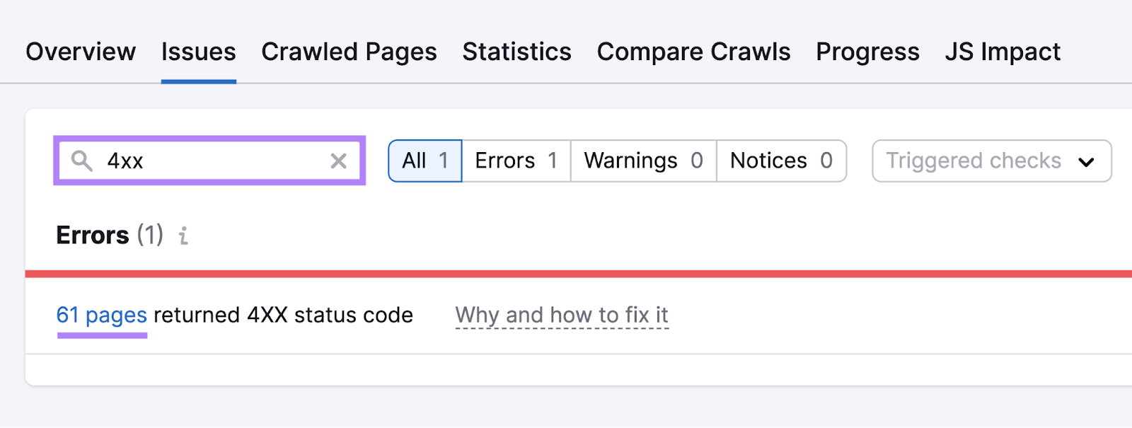 Searching for "4xx" under Site Audit's “Issues” tab