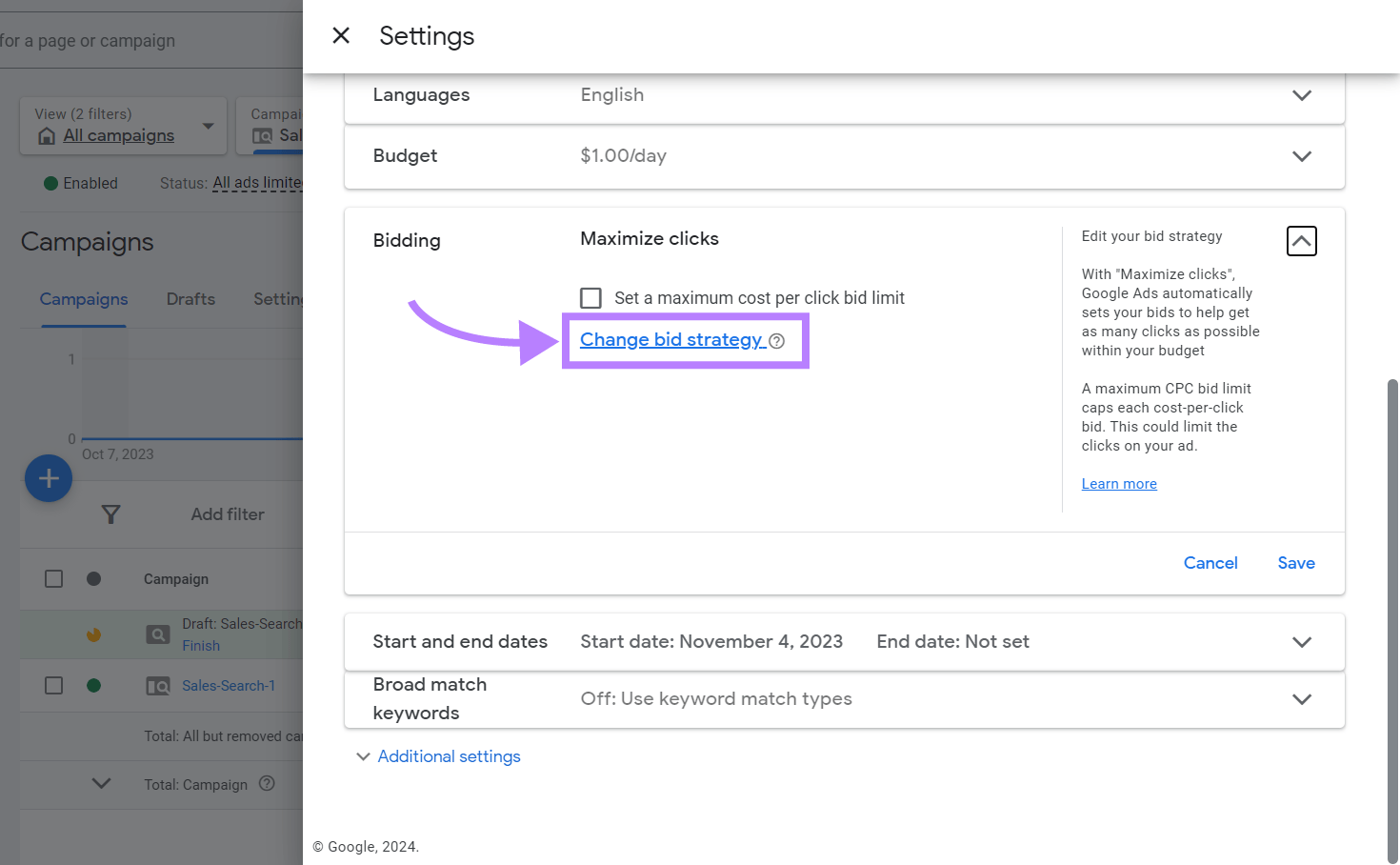 "Change bid strategy” button highlighted