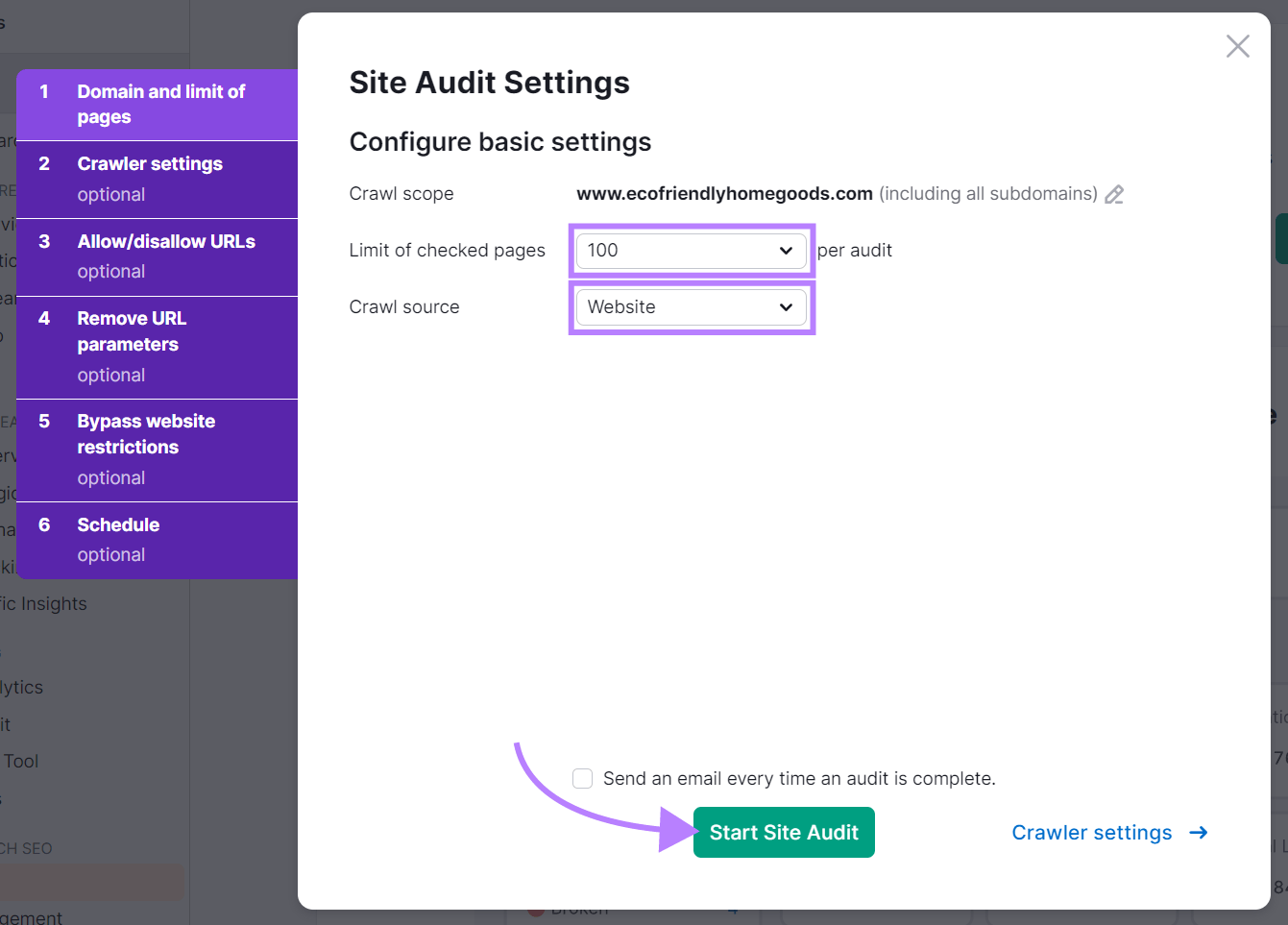 "Site Audit Settings" window