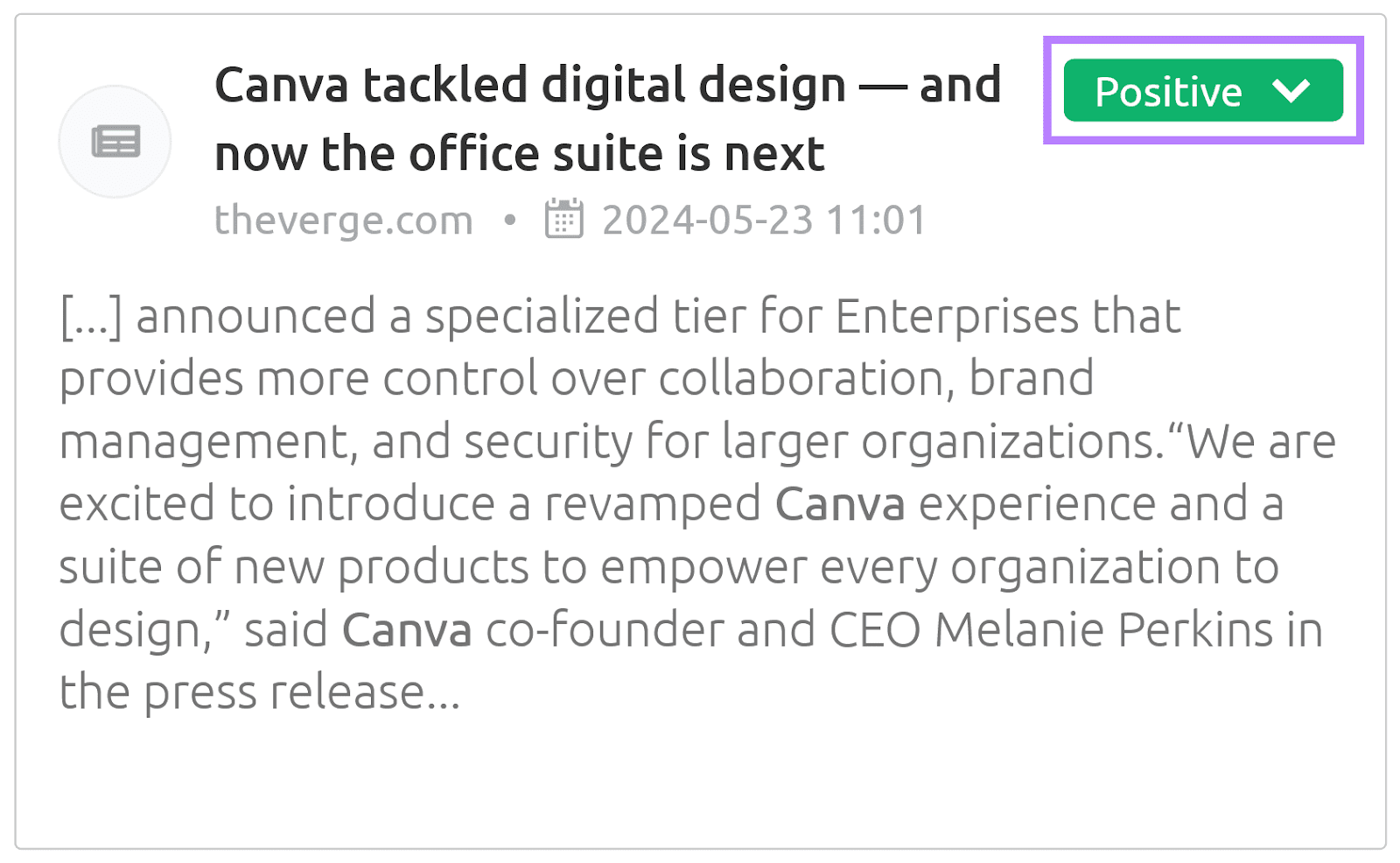 Section from Media Monitoring App showing a news article from theverge.com, dated May 23, 2024, marked as "Positive."