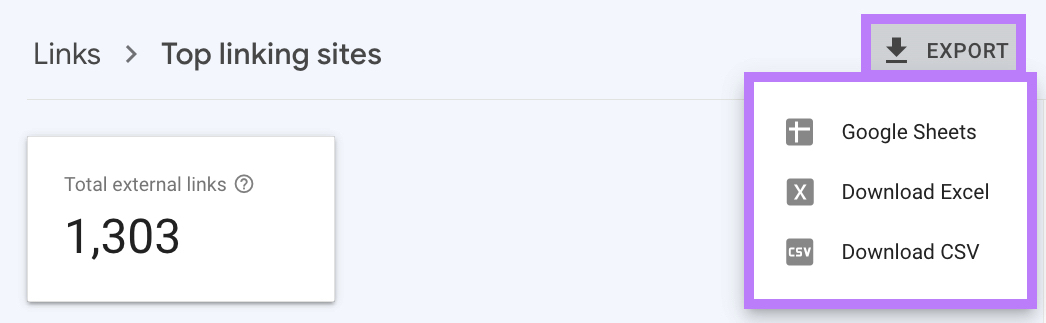 "Export" drop-down menu in the “Top linking sites” section