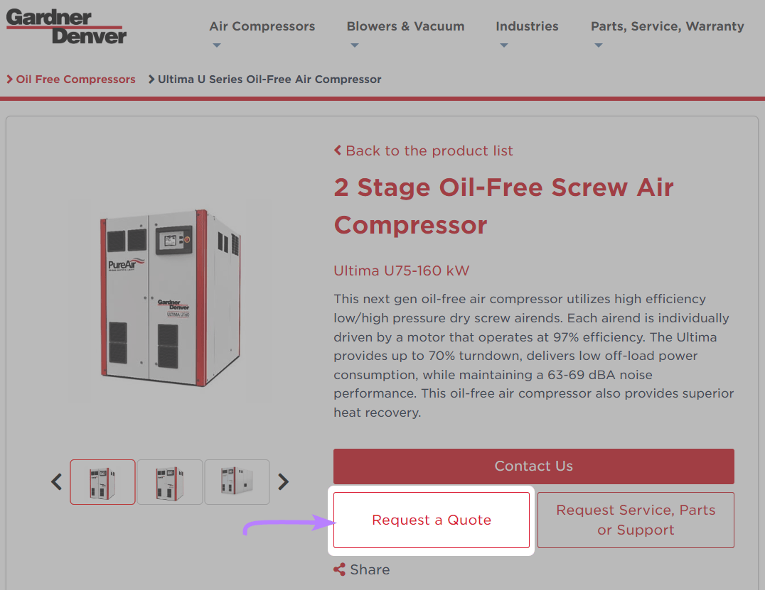 “Request a Quote” button highlighted under a product listing on Gardner Denver's site