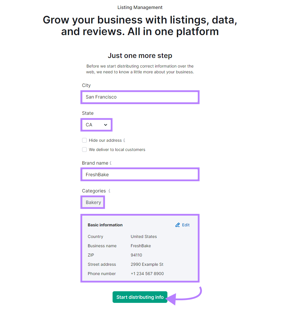 Fill out the business information in the Listing Management form