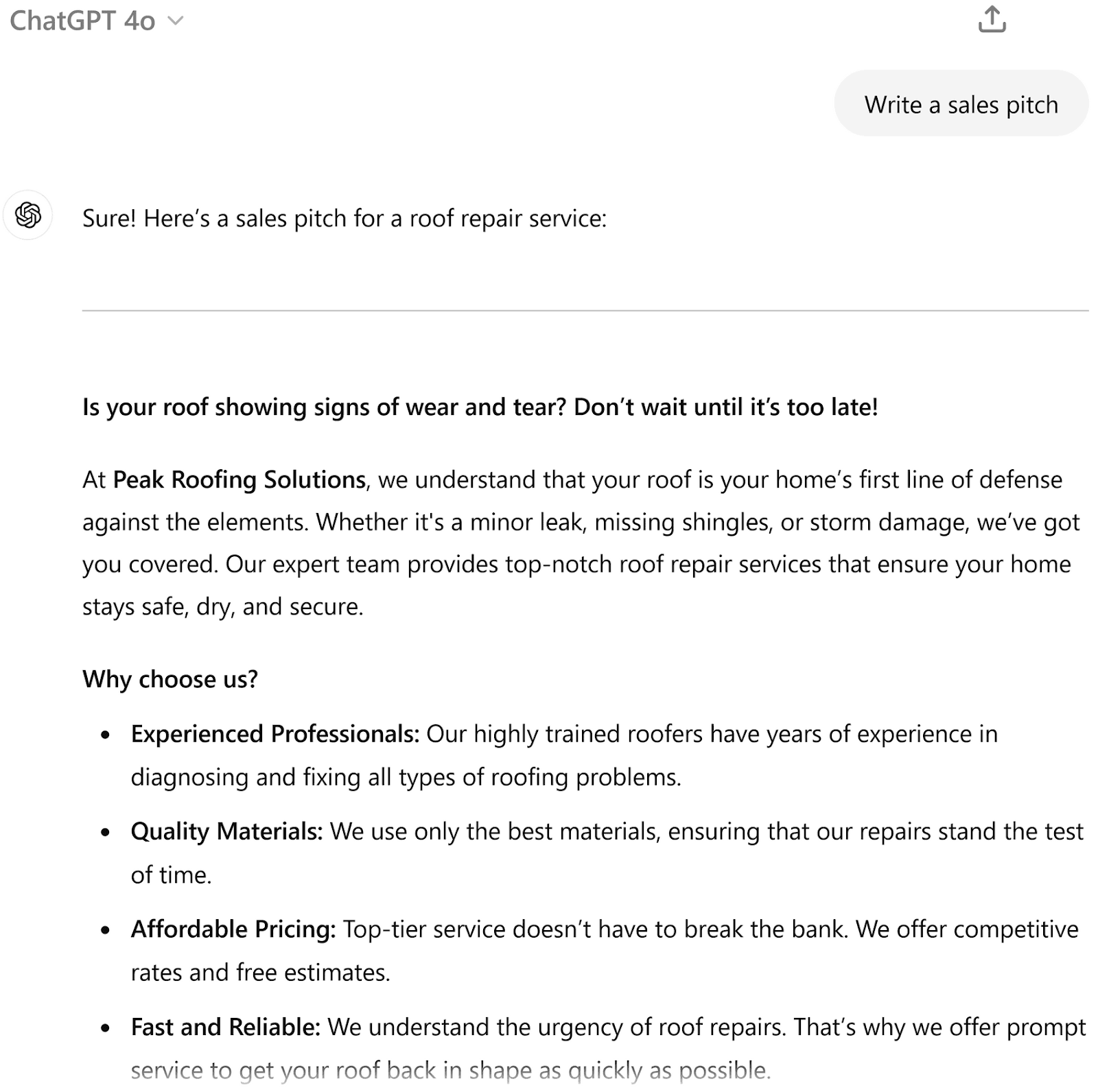 ChatGPT 4o's response to a general request for a sales pitch