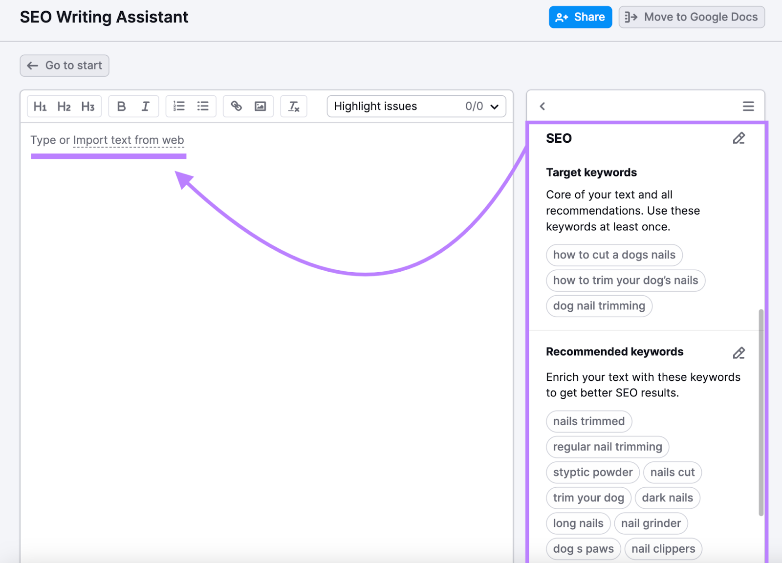 SEO section opened to show target keywords and where to start writing your text