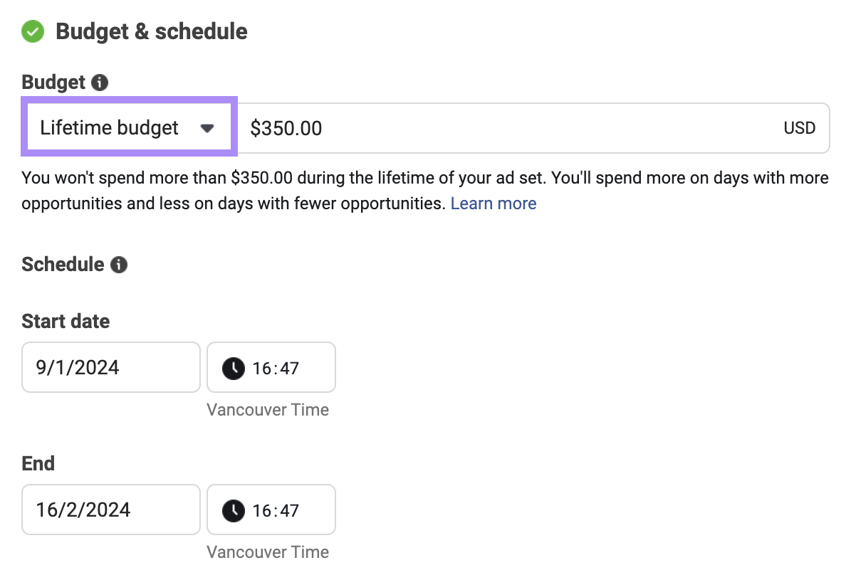 Setting a lifetime budget in Ads Manager under "Budget & schedule" section