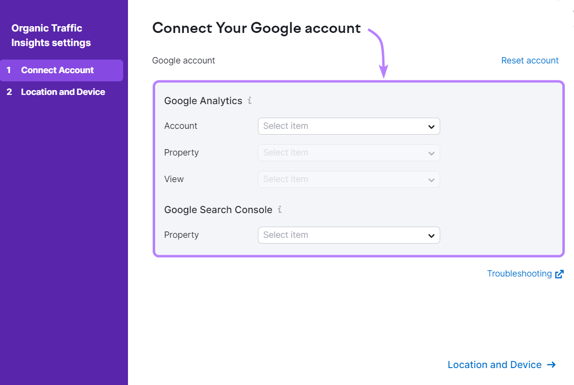 "Connect Your Google account" window in Organic Traffic Insights settings