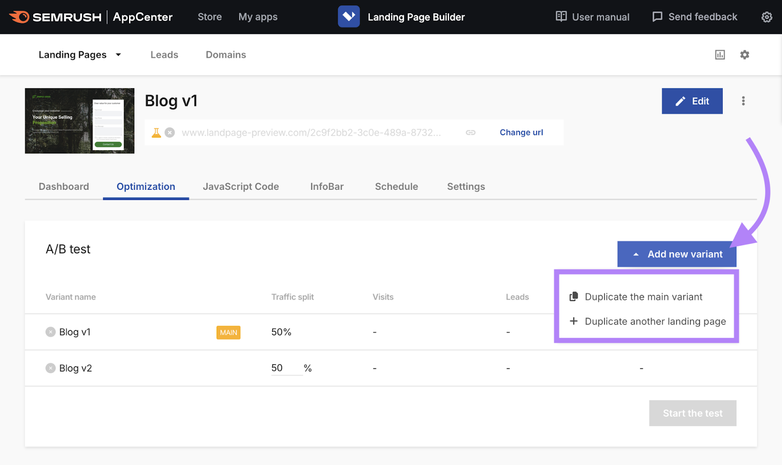 add new variant highlighted to create your AB test