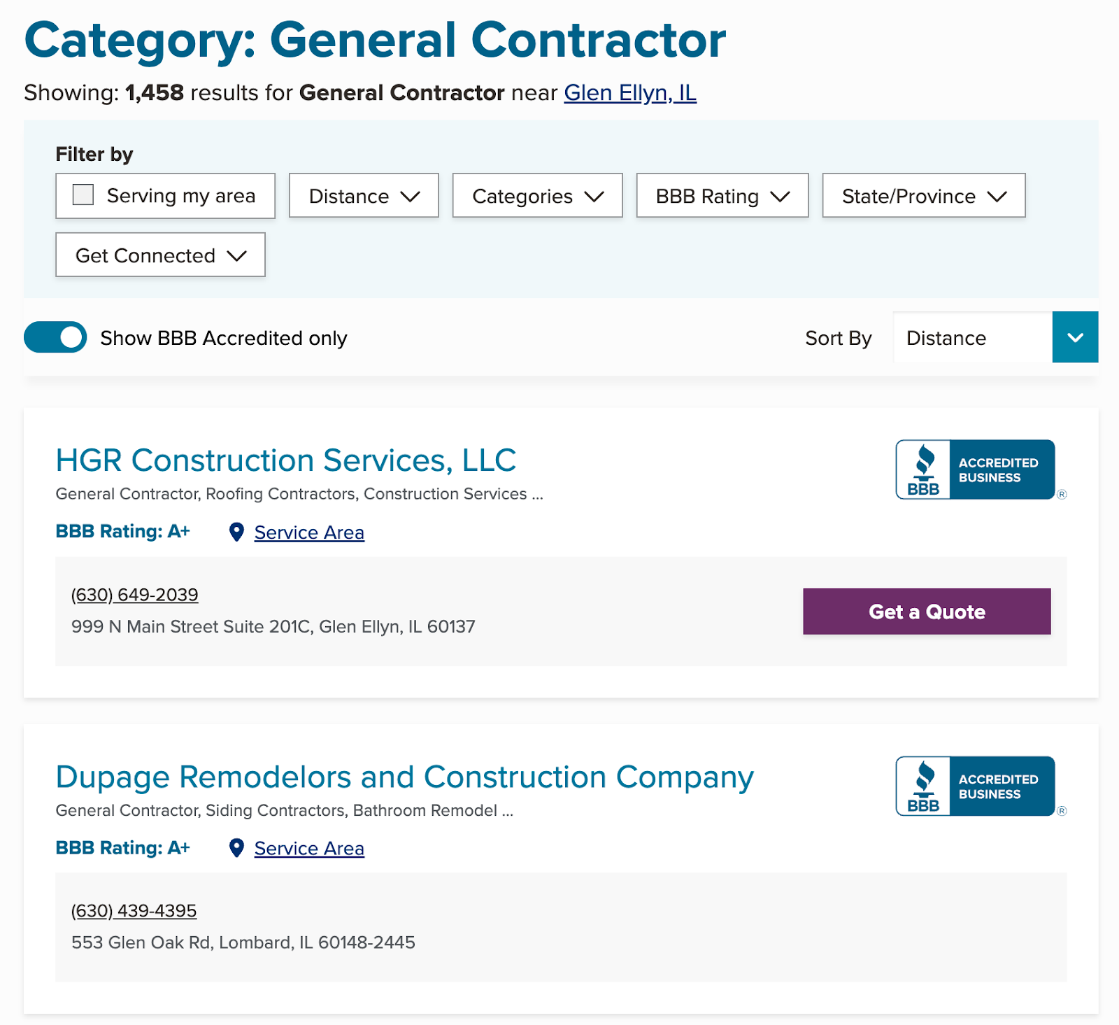 A local search for a general contractor shows BBB Accredited businesses and their BBB rating.