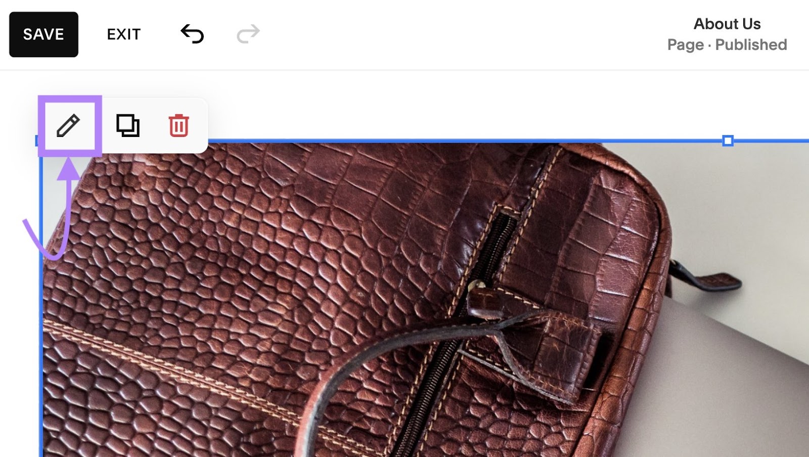 A pencil icon highlighted next to an image in Squarespace page editor
