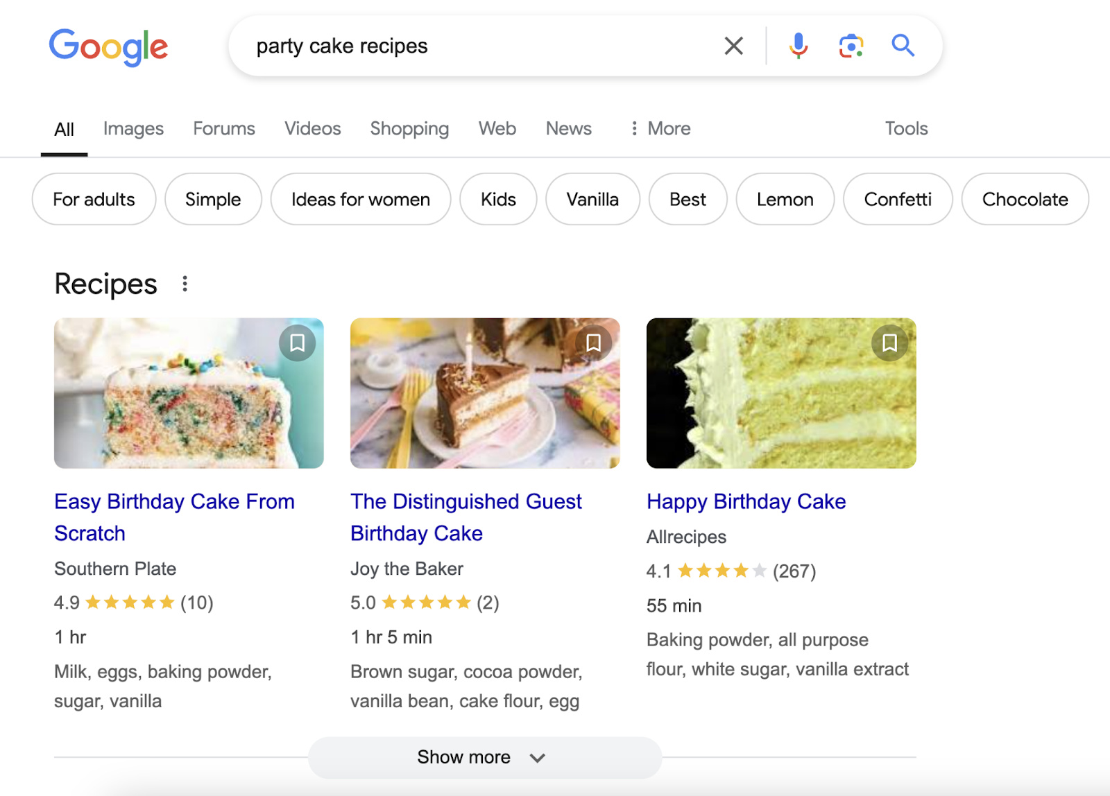 Search for party cake recipes shows Recipes SERP feature and rich results with star rating, time to make, and ingredients.