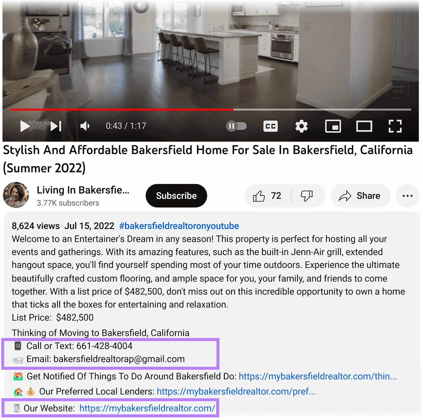 YouTube description for property tour from Living In Bakersfield video