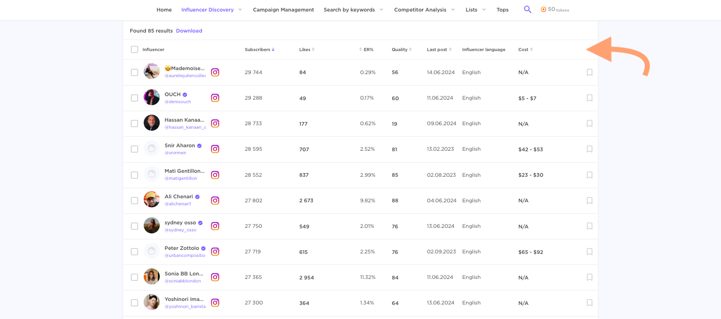 A set of filtered results from the directory tool inside the Influencer Analytics app.