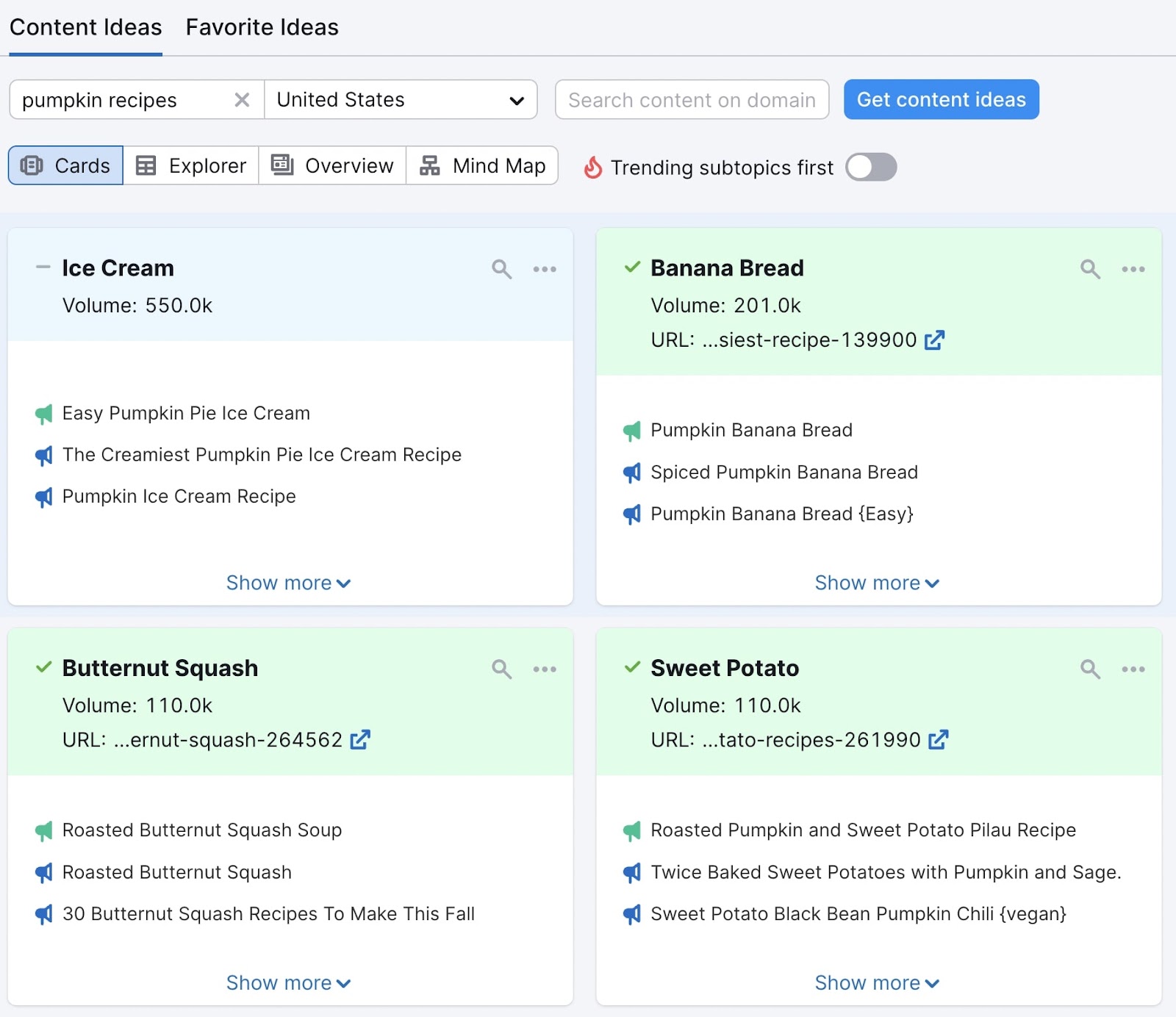 "Content Ideas" page for "pumpkin recipes" in Topic Research tool