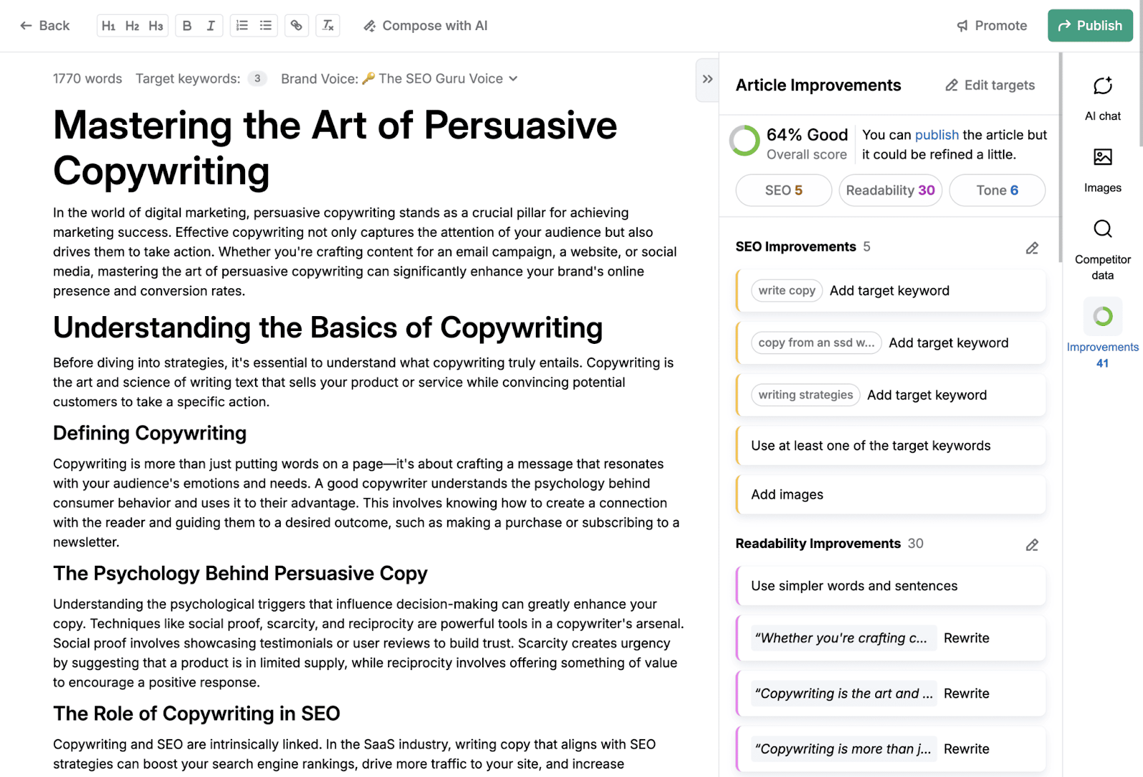 ContentShake AI-generated article with the article improvements panel open