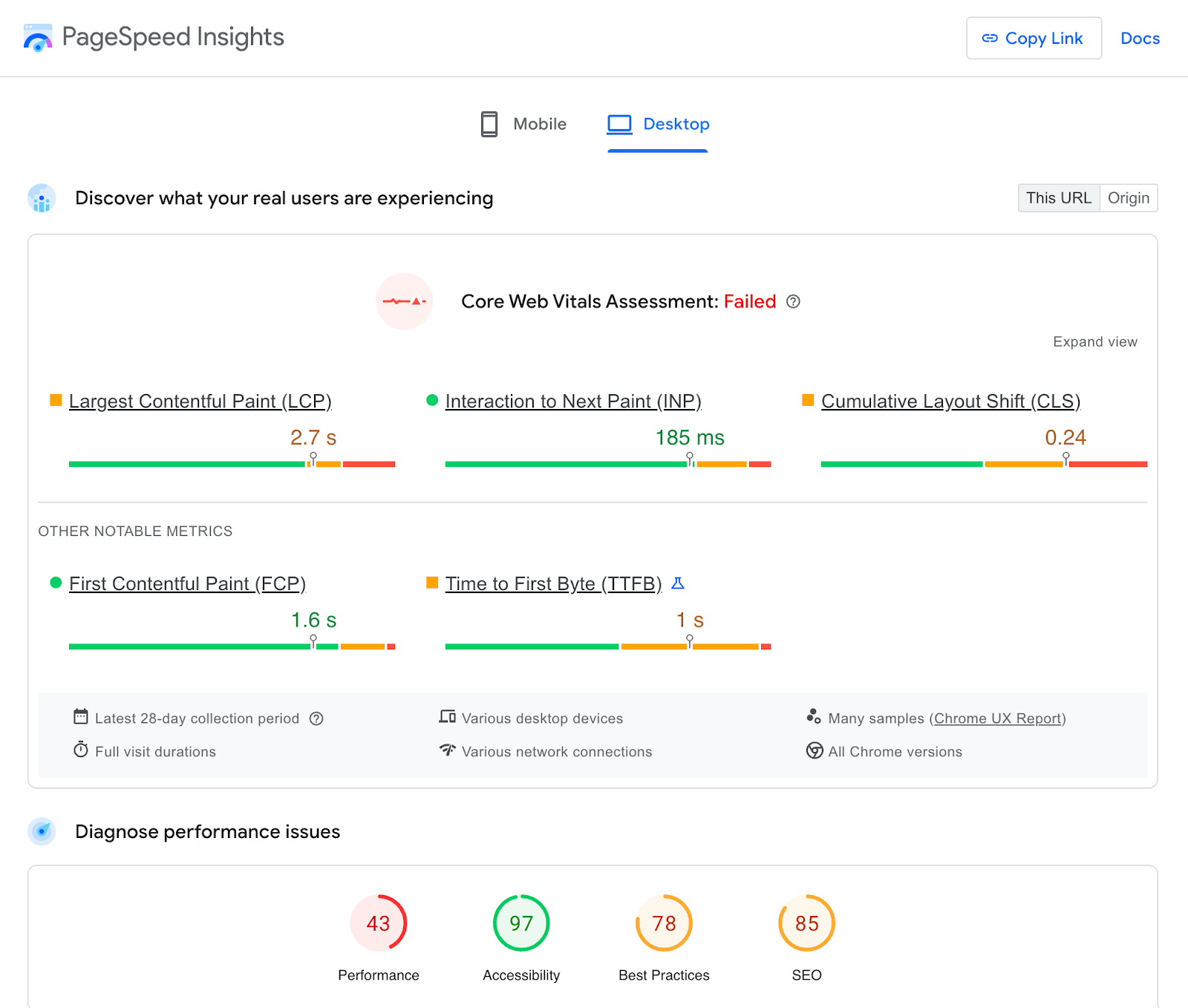 PageSpeed Insights shows Core Web Vitals Assessment and performance issues.