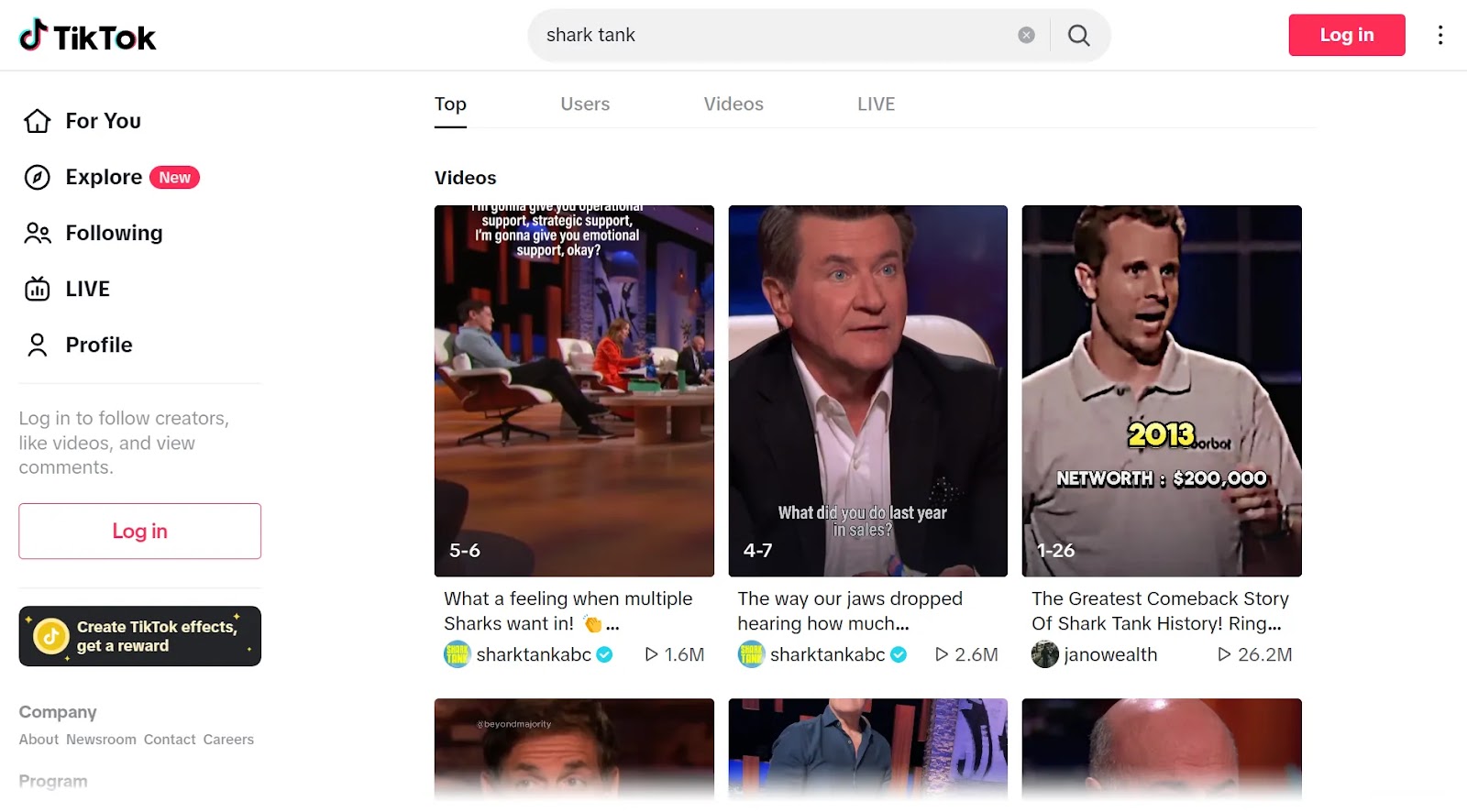 "Top" tab of the TikTok platform showing video results for the "shark tank" keyword