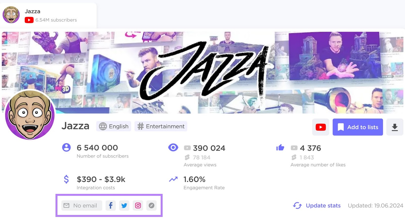 Influencer Analytics content creator profile with contact details highlighted in a purple box.