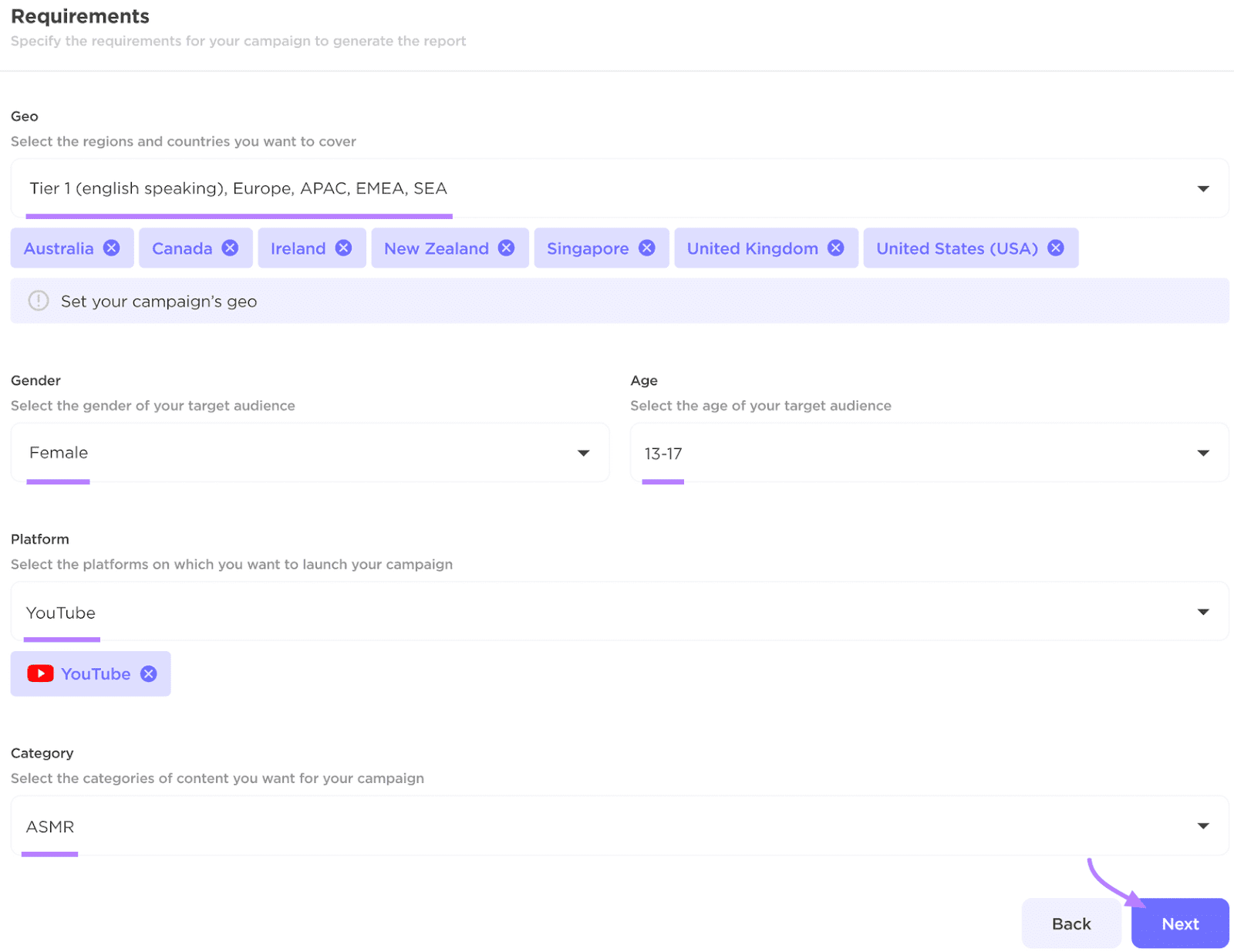 Influencer Analytics campaign requirements selection interface with options for Geo, Gender, Age, Platform, and Category.