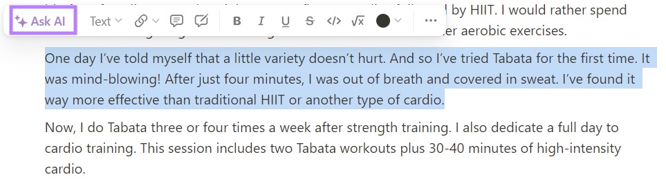 A paragraph selected and "Ask AI" highlighted on Notion.
